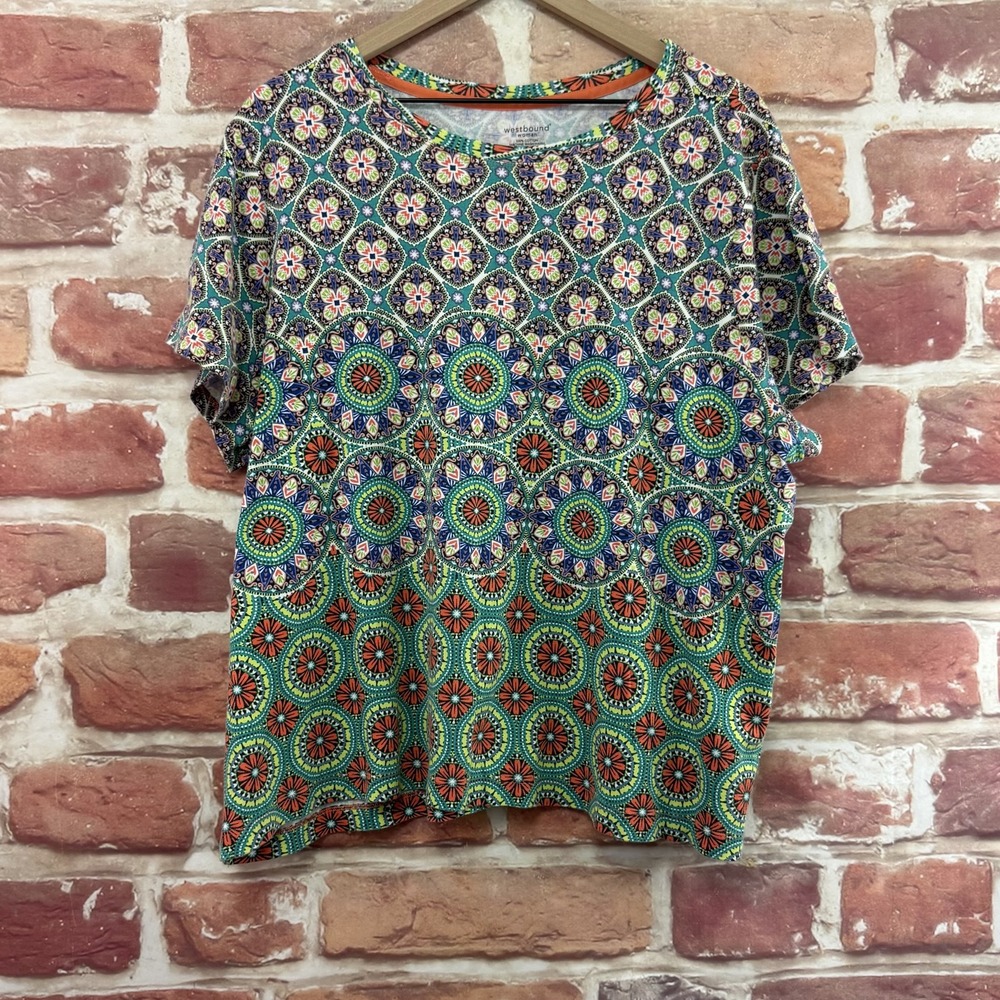 Westbound T Shirt Womens 3X Multicolor Boho Floral Medallion Stretchy Casual Top